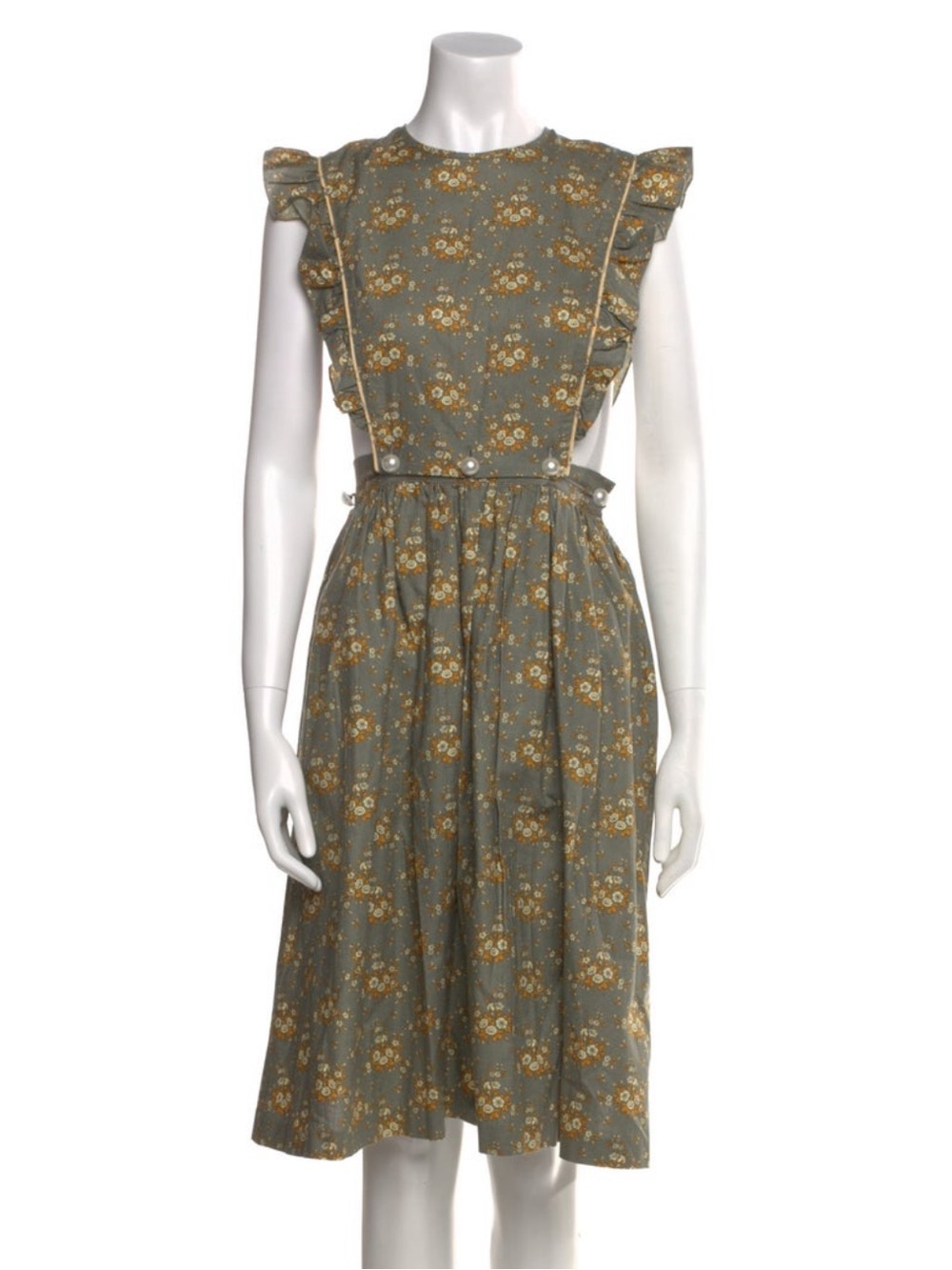 Batsheva Sage Green Floral Midi Dress with Yellow Print